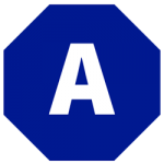 the letter "A" in a blue hexagon shape